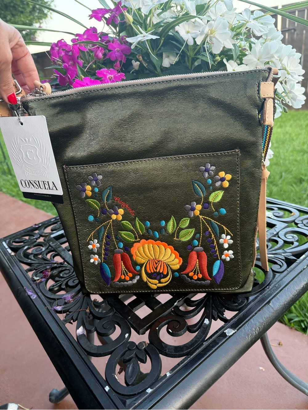 NWT Consuela Tour Crossbody Bag Olive Floral Embroidered Leather Trim - Picture 16 of 16
